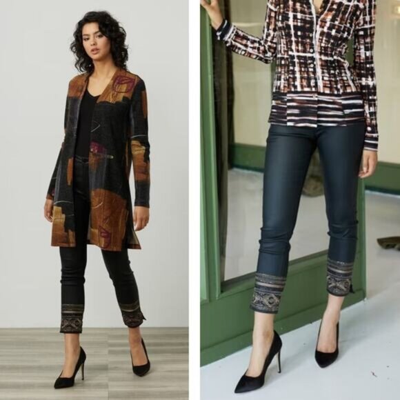 JOSEPH RIBKOFF Waxed Slim Fit Jean Size 4 Black Metallic Pattern Hem Detail - Picture 2 of 7